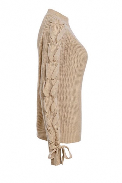 Womens Khaki Designer Lace Up Long Sleeve Regular Chunky Warm Pullover Sweater