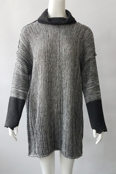 Womens Outdoor Fashionable Colorblock Turtle Neck Long Sleeve Boucle Knit Tunic Jumper Sweater