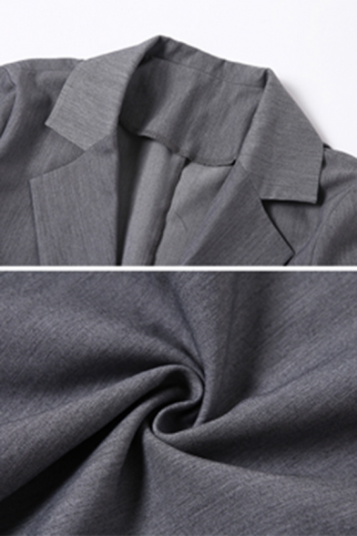 Womens Retro Grey Notched Lapel Long Sleeve Double Button Loose Fit Herringbone Blazer Suit