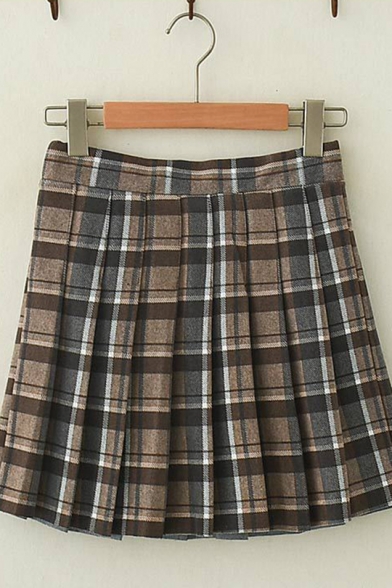 Womens Retro Plaid Pattern High Waist Daily Wear Mini Pleated Skirt
