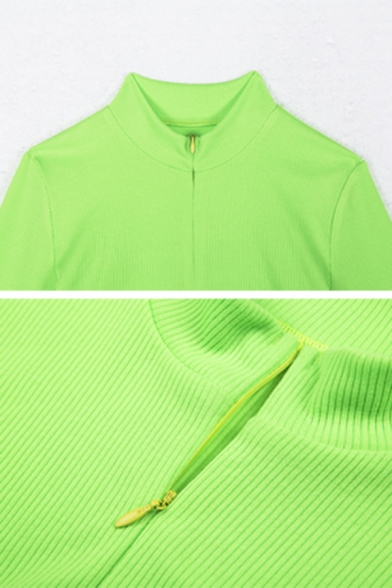 Womens Sexy Solid Fluorescent Green Half-Zip Placket Long Sleeve Ribbed Knit Slim Fit Crop Sweater Top