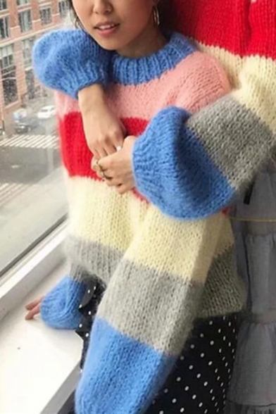 Womens Stylish Color Block Stripe Lantern Long Sleeve Soft Chunky Knit Pullover Sweater