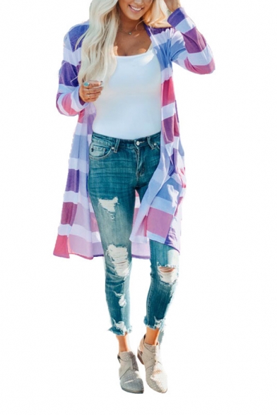 Womens Stylish Colorful Wide Stripe Printed Long Sleeve Open Front Duster Cardigan