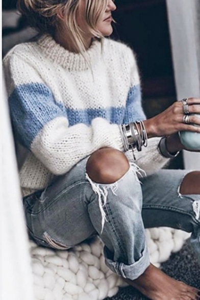 Womens Stylish Crew Neck Long Sleeve Blue and White Striped Mohair Pullover Sweater