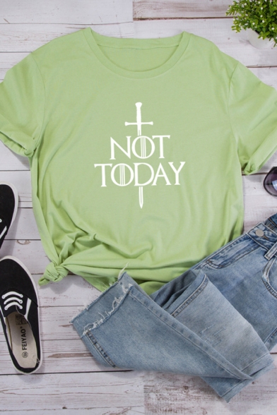 Womens Stylish Sword and Letter NOT TODAY Curved Short Sleeve Crew Neck Casual Loose Tee