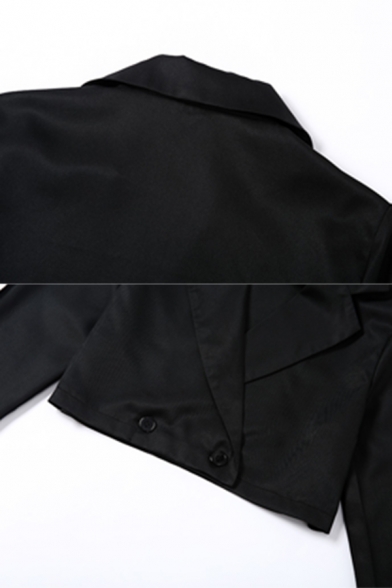 Womens Trendy Lapel Collar Eyelets Tape Embellished Long Sleeve Black Cropped Blazer Coat