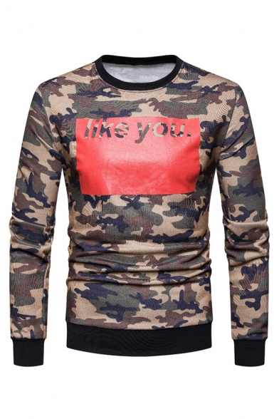 Classic Camo Colorblock LIKE YOU Letter Printed Long Sleeve Slim Fit Pullover Sweatshirt
