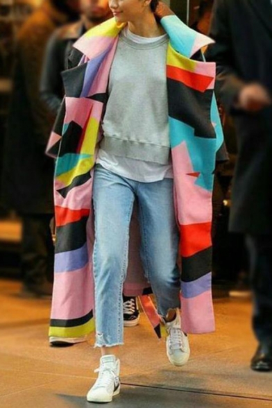 Colorful Geometric Printed Notched Collar Long Sleeve Flap Pocket Longline Wool Coat with Belt