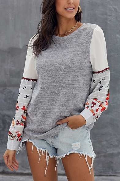 Embroidery Floral Long Sleeve Keyhole Back Round Neck Loose Pullover Sweatshirt Top