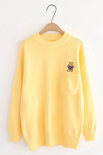Girls Cute Embroidered Bear Pattern Long Sleeve Chest Pocket Loose Pullover Sweater
