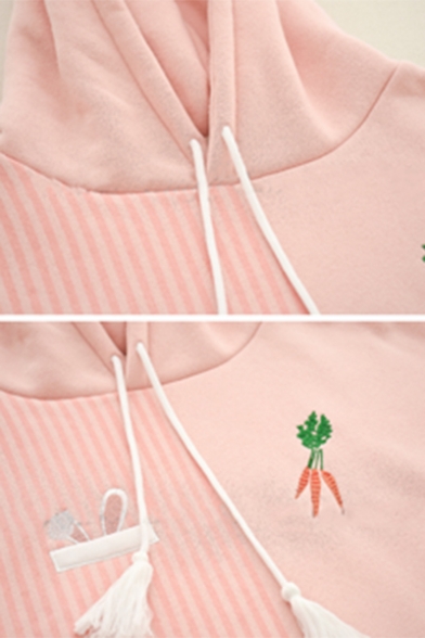 Girls Lovely Carrot Rabbit Embroidery Stripe Panel Long Sleeve Loose Fit Cute Hoodie