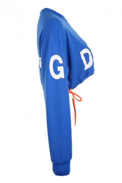 Hot Popular Blue DEAR-U Letter Printed Front Long Sleeve Colorblock Drawstring Hem Crop Sweatshirt