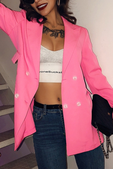 Ladies Active Pink Notched Lapel Long Sleeve Double Breasted Longline Loose Blazer Coat with Pocket