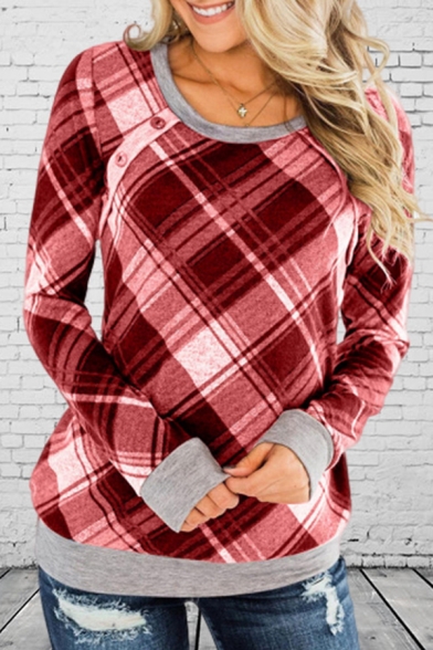 Ladies New Fashionable Checked Pattern Contrast Trim Long Sleeve Casual Pullover Sweatshirt
