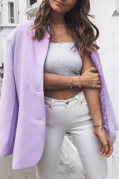 

Light Purple Lapel Collar Long Sleeve Two Button Longline Loose Blazer Coat with Pocket, LM567171