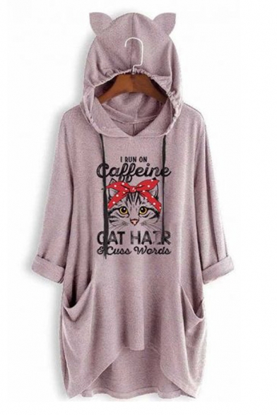 Lovely CAFFEINE CAT HAIR Printed Long Sleeve Cat Ear Loose Tunic Hoodie with Pocket