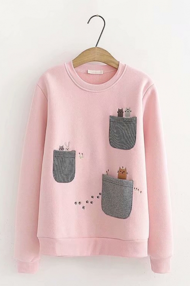 Lovely Cats Patched Pocket Long Sleeve Round Neck Thick Casual Pullover Sweatshirt