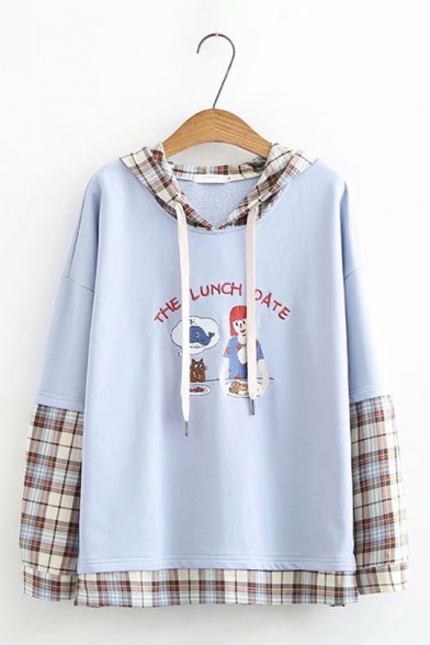 Lovely Girl and Fish THE LUNCH DATE Letter Printed Plaid Patched Long Sleeve Drawstring Hoodie