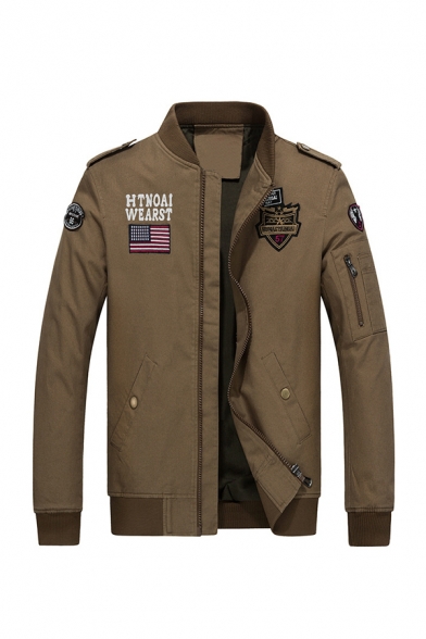 Men's Stylish HTNOAI WEARST Letter Flag Logo Embroidery Stand Collar Zip Closure Casual Military Jacket
