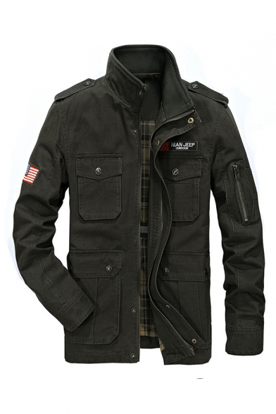 Mens Fashionable Flag Applique Long Sleeve High Collar Zip Placket Flap Pocket Tunic Utility Jacket Coat