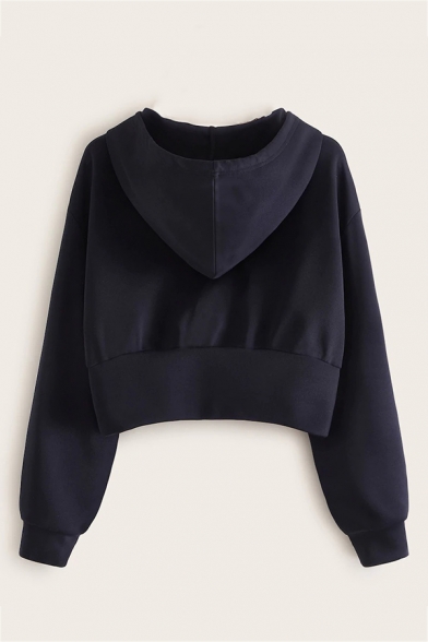 Navy Blue Stylish Color Block Tape Decoration Long Sleeve Zip Up Cropped Drawstring Hoodie