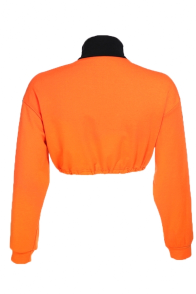 Orange Color Block Tape Long Sleeve Half Zipper Drawstring Hem Casual Cropped Sweatshirt
