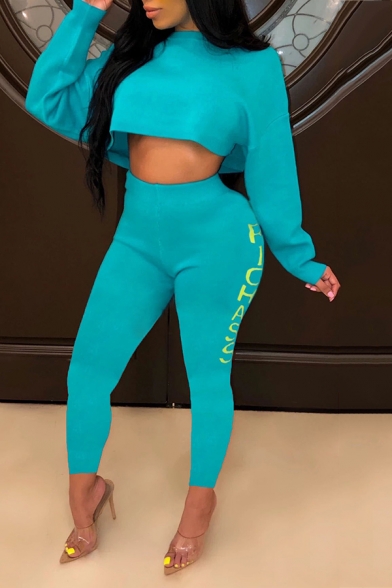 Popular Letter Printed Long Sleeve Cropped Top and High Waist Jogger Pants Casual Sports Set