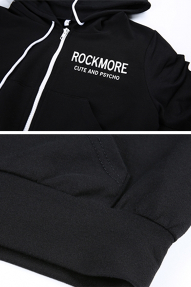 Popular Letter ROCK MORE Printed Long Sleeve Zip Up Black Cropped Drawstring Hoodie