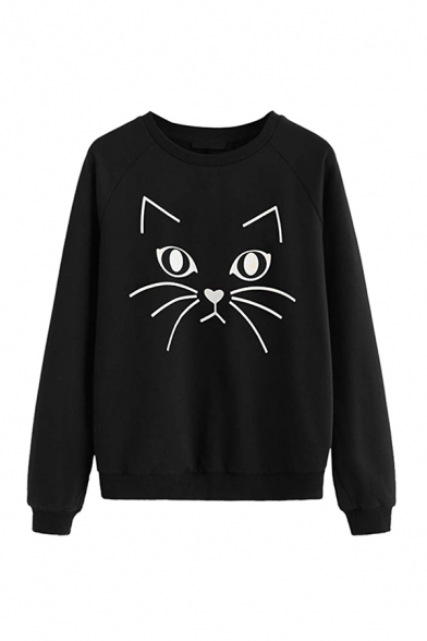 Preppy Cat Printed Loose Casual Long Sleeve Round Neck Pullover Sweatshirt