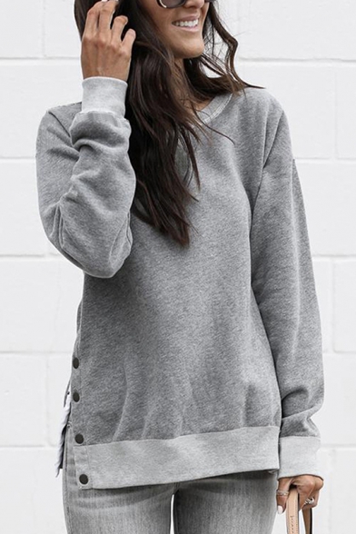 Simple Plain Round Neck Long Sleeve Side Split Button Embellished Casual Pullover Sweatshirt