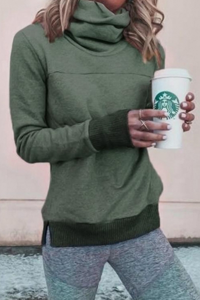 Whole Colored Funnel Neck Long Sleeve Casual Regular Sweatshirt for Women