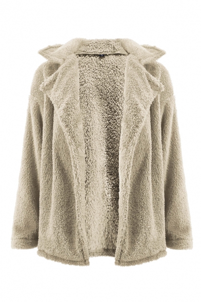 Winter Stylish Plain Long Sleeve Open Front Fluffy Fleece Loose Coat for Women