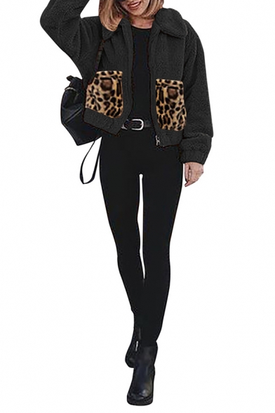 Winter Warm Leopard Patch Pocket Lapel Collar Metal Zipper Fluffy Teddy Coat for Ladies