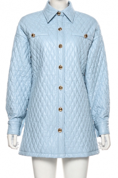 Women Simple Light Blue Lapel Single Breasted Longline Lightweight Quilted Jacket Coat
