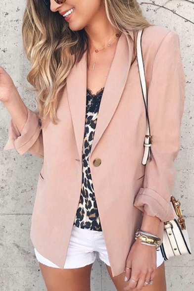 Womens Casual Lapel Collar Long Sleeve Single Button Pink Blazer Coat with Pocket
