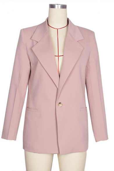 Womens Casual Lapel Collar Long Sleeve Single Button Pink Blazer Coat with Pocket