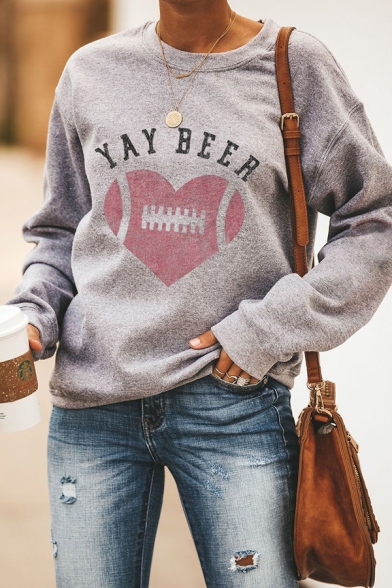 Womens Casual Letter YAY BEER Heart Pattern Long Sleeve Gray Pullover Graphic Sweatshirt