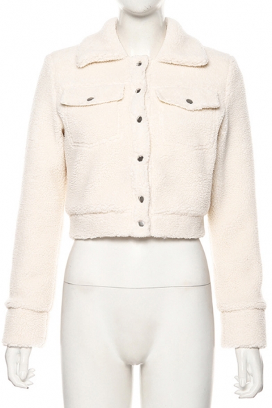 Womens Casual White Lapel Collar Flap Pocket Single Breasted Sherpa Fleece Short Jacket Coat