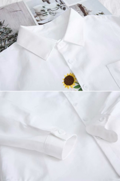 Womens Chic Sunflower Embroidery Lapel Collar Button Down Long Sleeve Loose Fit Casual Shirt