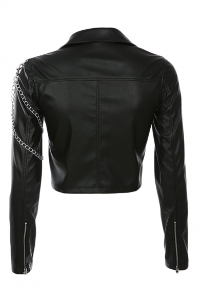 Womens Cool Black Chain Embellished Long Sleeve Studded Notched Collar Oblique Zip Cropped PU Jacket