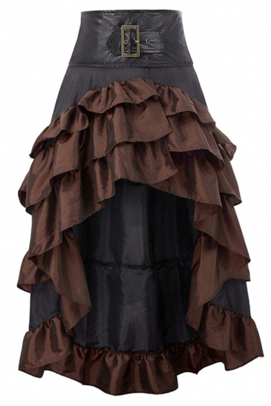 Womens Fashion Color Block Layered Ruffle High Low Hem Vintage Midi Asymmetric Skirt