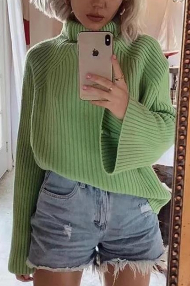 Womens Fashion Light Green Long Sleeve Roll Neck Oversized Draped Loose Knitwear Pullover Sweater