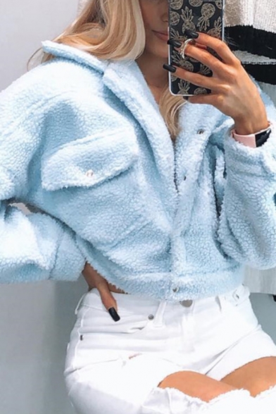Womens Fashion Solid Color Single Breasted Long Sleeve Teddy Crop Coat with Flap Pocket