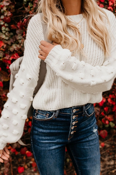 Womens Fashionable Pompom Embellished Long Sleeve Loose Fit Casual Knitted Pullover Sweater