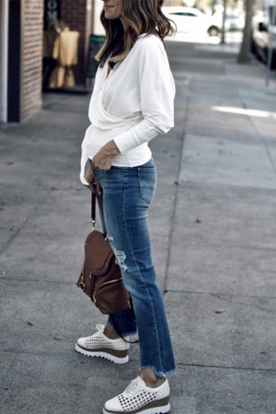 Womens New Trendy Long Sleeve V-Neck Tied Side Plain Surplice Sweater Top