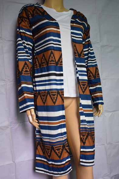 Womens Retro Tribal Geo Printed Long Sleeve Open Front Fair Isle Tunic Duster Cardigan Coat