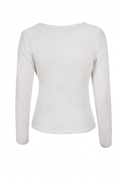 Womens Sexy Plain Cross Tied V Neck Long Sleeve Slim Fit Casual T-Shirt Top Knitwear