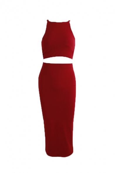 Womens Sexy Plain Halter Neck Sleeveless Tank Midi Tight Skirt Two-Piece Bodycon Dress Suit