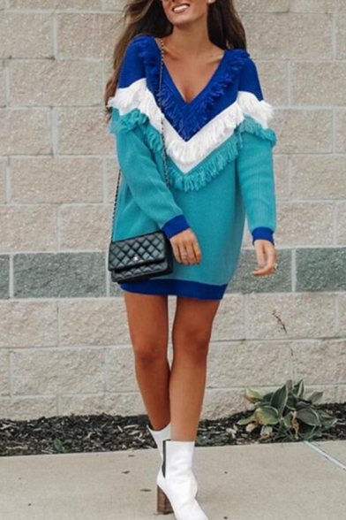 Womens Stylish Colorblock Fringe Chevron Pattern Long Sleeve Knitted Longline Pullover Sweater