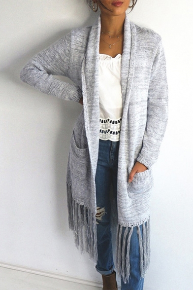 Womens Stylish Plain Long Sleeve Fringe Hem Longline Open Cardigan Knitted Coat with Pocket